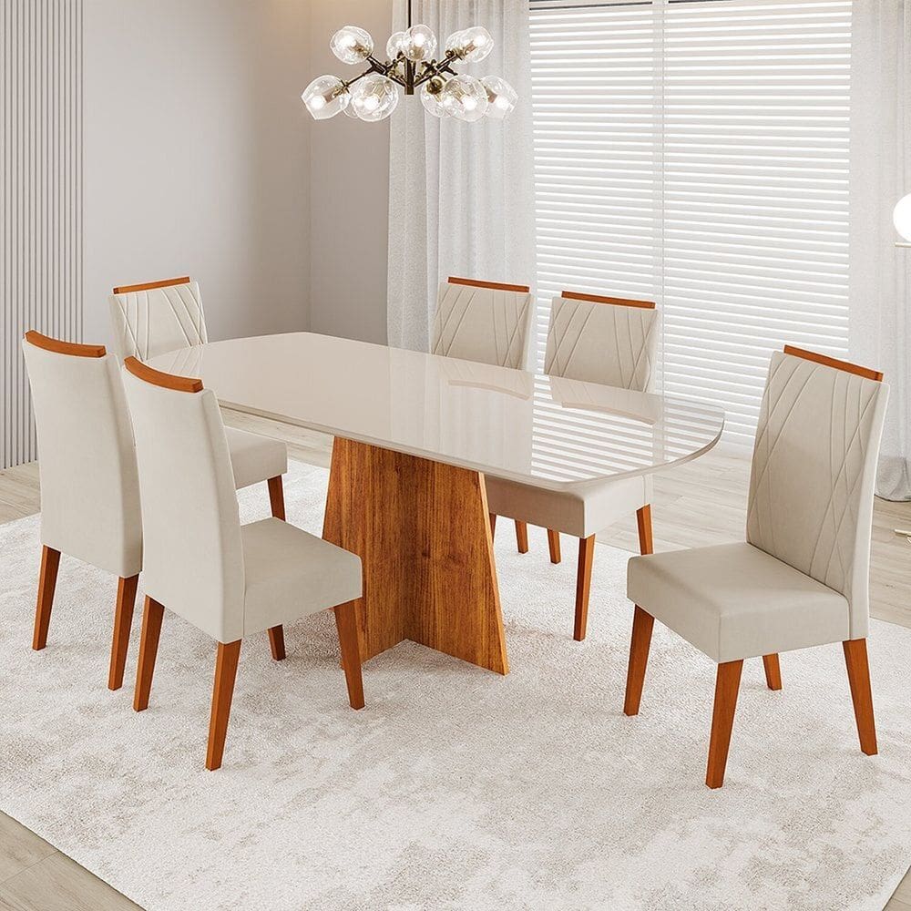 Conjunto Sala de Jantar 6 Lugares Tampo Barril de Vidro/mdf Selecto Mel/Off White/Bege