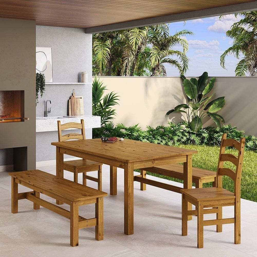 Conjunto Mesa 160cm 2 Cadeiras e 2 Bancos Área Gourmet Madeira Maciça Ventimiglia Nogueira