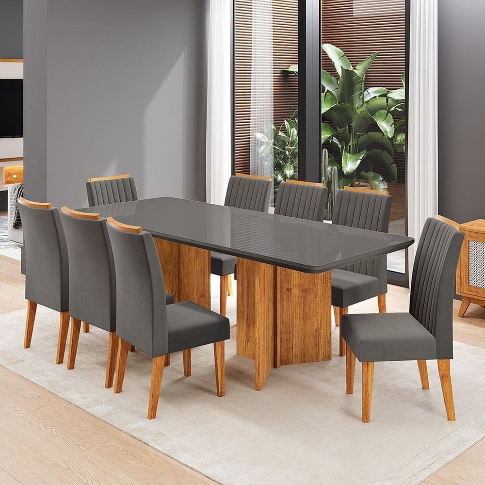 Conjunto Sala de Jantar 8 Lugares Retangular Tampo de Vidro Mdf Holden Mel/Grafite/Cinza