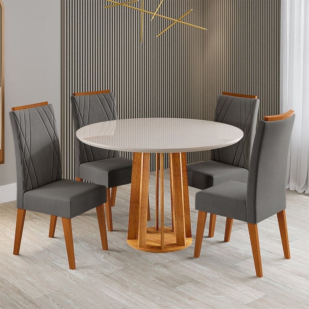Conjunto Sala de Jantar 4 Lugares Redondo Tampo Mdf e Vidro Fidelis Mel/Off White/Cinza