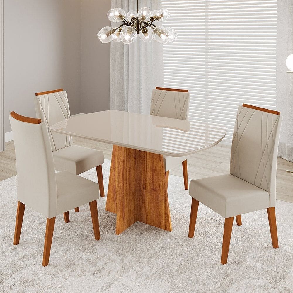 Conjunto Sala de Jantar 4 Lugares Tampo Barril de Vidro/mdf Poligna Mel/Off White/Bege