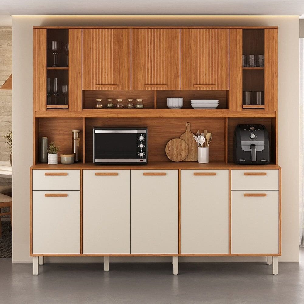 Cozinha Compacta 10 Portas 2 Gavetas 200cm com Nicho para Forno Itaflriz Itatiaia Cinamomo/Off White