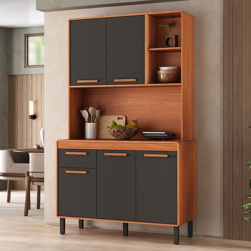 Cozinha Compacta 5 Portas 1 Gaveta 120cm com Nicho Dunas Itatiaia Cinamomo / Grafite Intenso