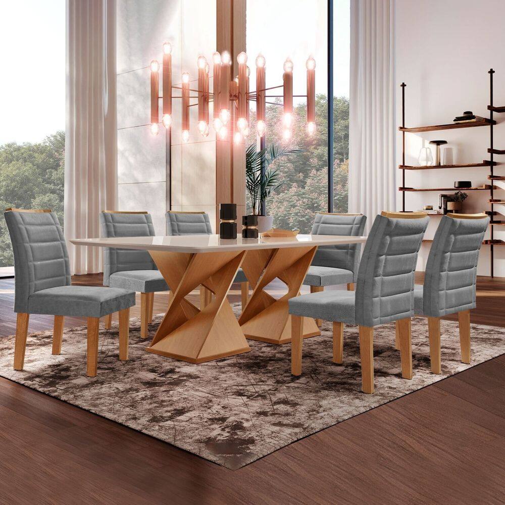 Conjunto Sala de Jantar Tampo 170x90cm Vidro/mdf Genova com 6 Cadeiras Smart Plus Cinza/Cinamomo