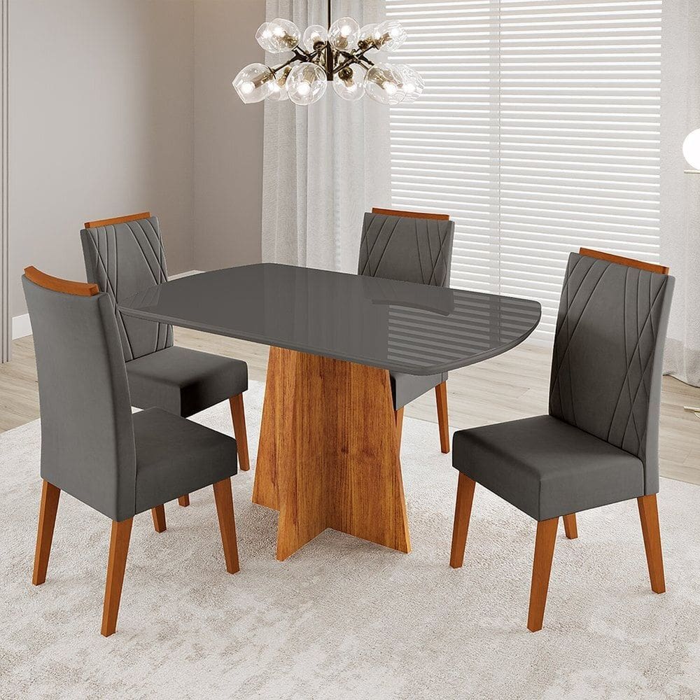 Conjunto Sala de Jantar 4 Lugares Tampo Barril de Vidro/mdf Poligna Mel/Grafite