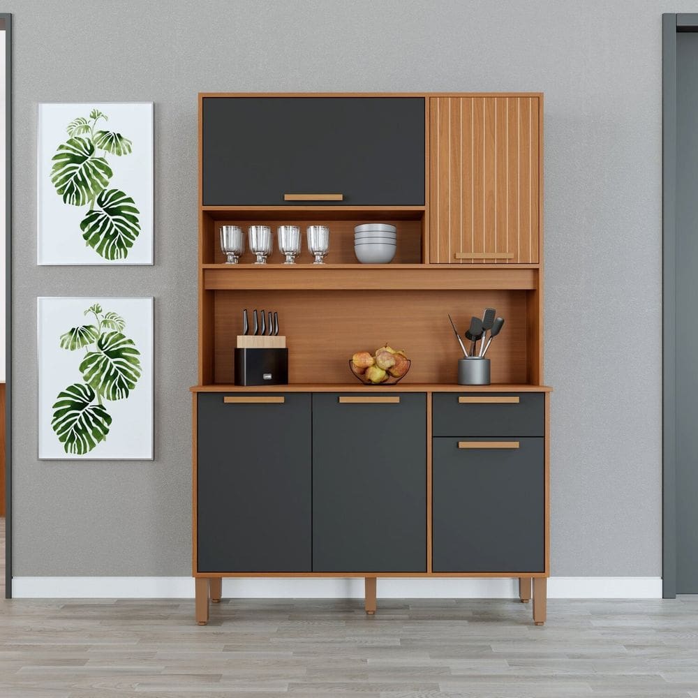 Armário de Cozinha Compacto 5 Portas e 1 Gaveta Roma com Puxadores em Mdf freijo/cinza