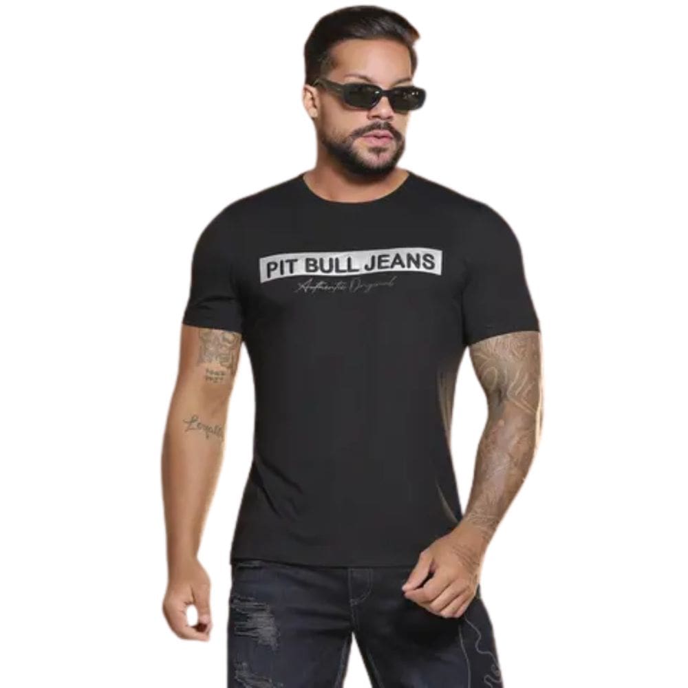 Camiseta Gola O Preta Estampa Metalizada Pit Bull Jeans 86615