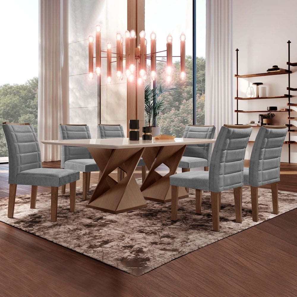 Conjunto Sala de Jantar Tampo 170x90cm Vidro/mdf Genova com 6 Cadeiras Smart Plus Chocolate/Cinza/Off White