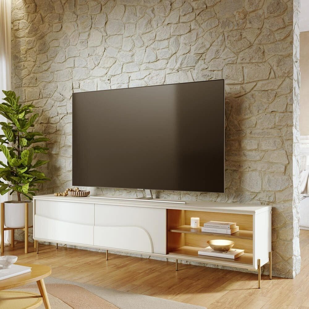 Rack para Tv até 75 Polegadas 216cm com 2 Portas de Correr Pés em Metal a e Led Amalfi Off White/Freijó