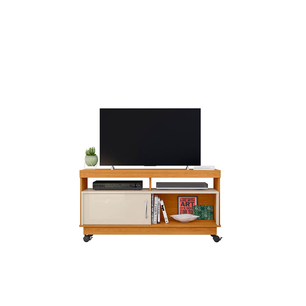 Rack Artur para TV 1,21m com Rodízios e Nichos Organizadores Cinamomo Off White Liberty Móveis