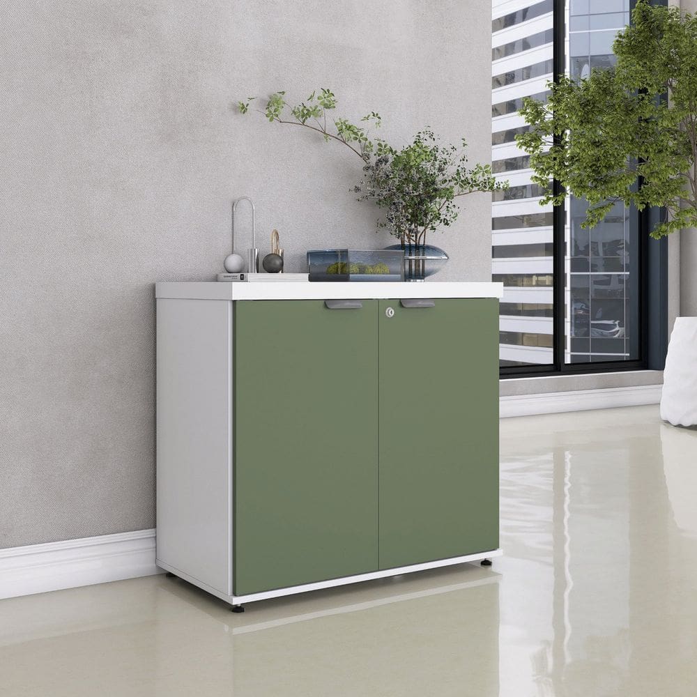 Armário Baixo para Escritório Pe40 com 2 Portas Pivotantes Branco/Salvia