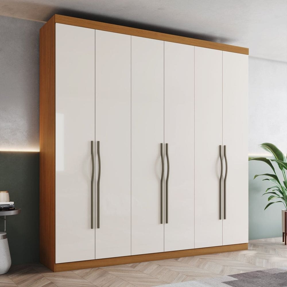 Guarda-roupa Casal 6 Portas e 2 Gavetas Dominic com Corrediças Telescópicas Cinamomo/Off White
