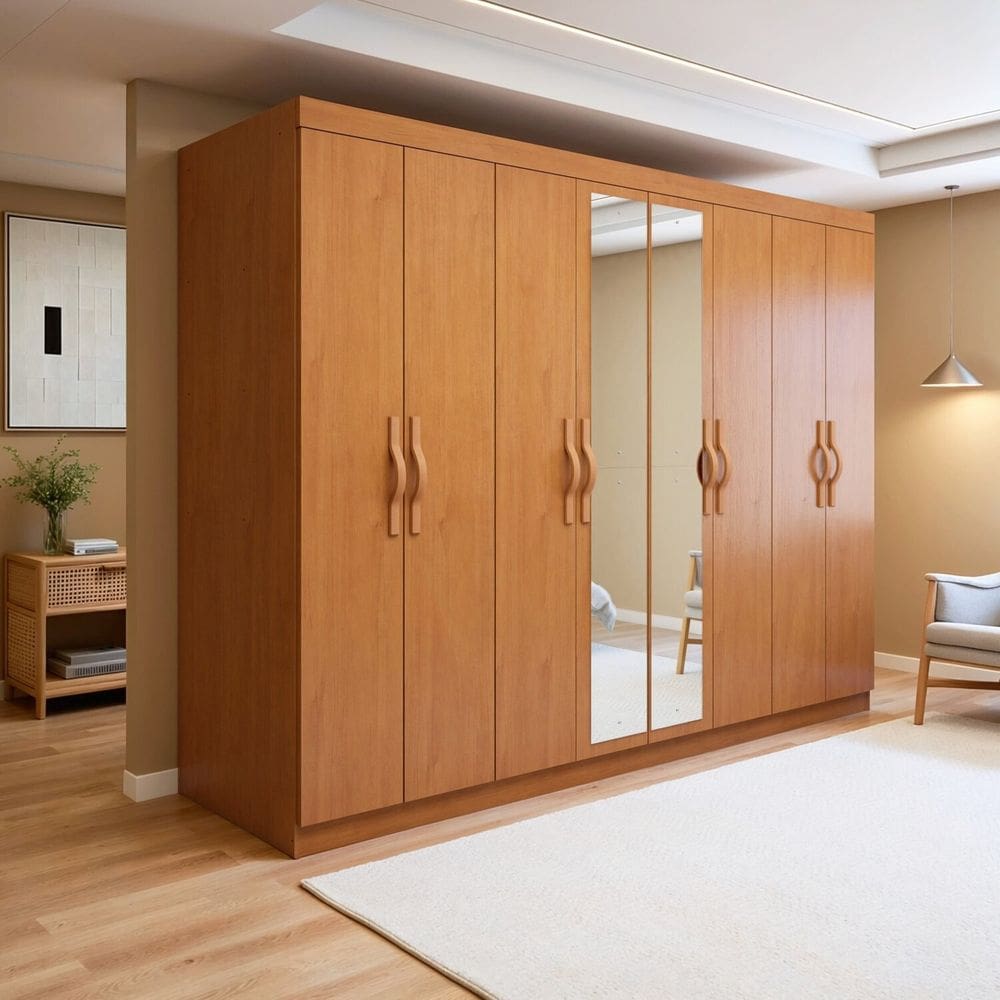 Guarda-roupa Casal 8 Portas 6 Gavetas com Espelho Mdf Serenata Amêndoa Clean