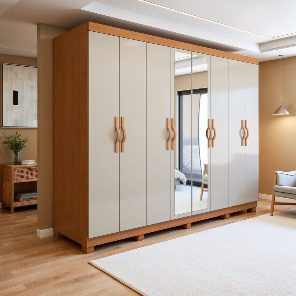 Guarda-roupa Casal 8 Portas 6 Gavetas com Espelho e Pés Mdf Serenata Amêndoa Clean/Off White