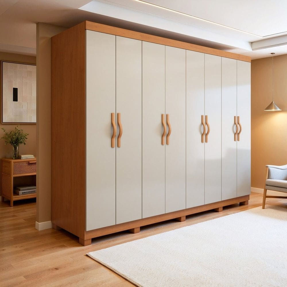 Guarda-roupa Casal 8 Portas 6 Gavetas com Pés 100% Mdf Serenata Amêndoa Clean/ Off White