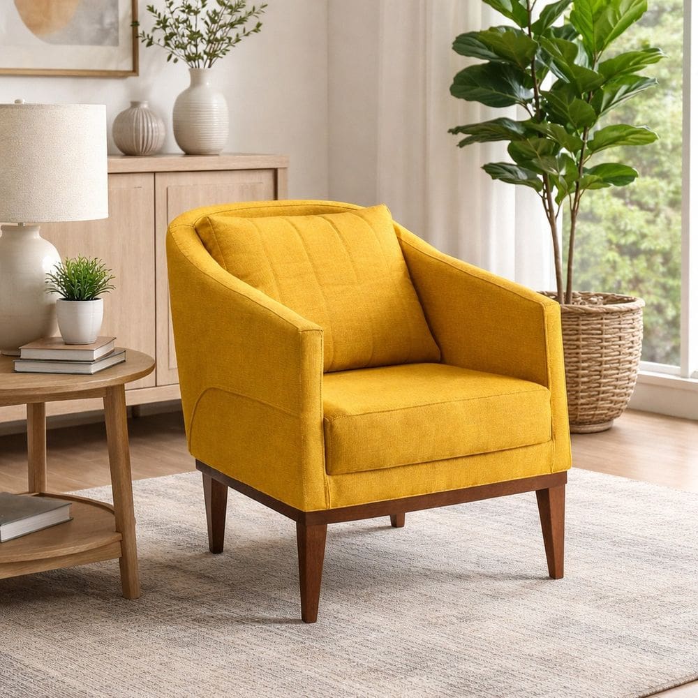 Poltrona Fixa Tecido Linho Pés Imbuia Agatha Amarelo