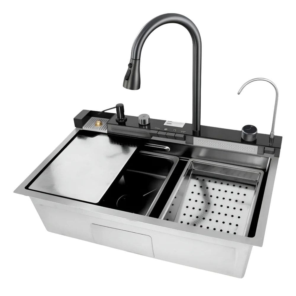 Kit Cuba Inteligente com Cesto Torneira Filtro Dispenser de Sabão Lavador de Copos e Tábua Prata