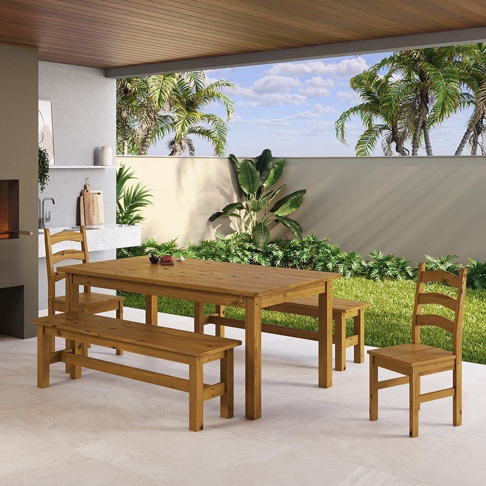 Conjunto Mesa 180cm 2 Cadeiras e 2 Bancos Área Gourmet Madeira Maciça Ventimiglia Nogueira