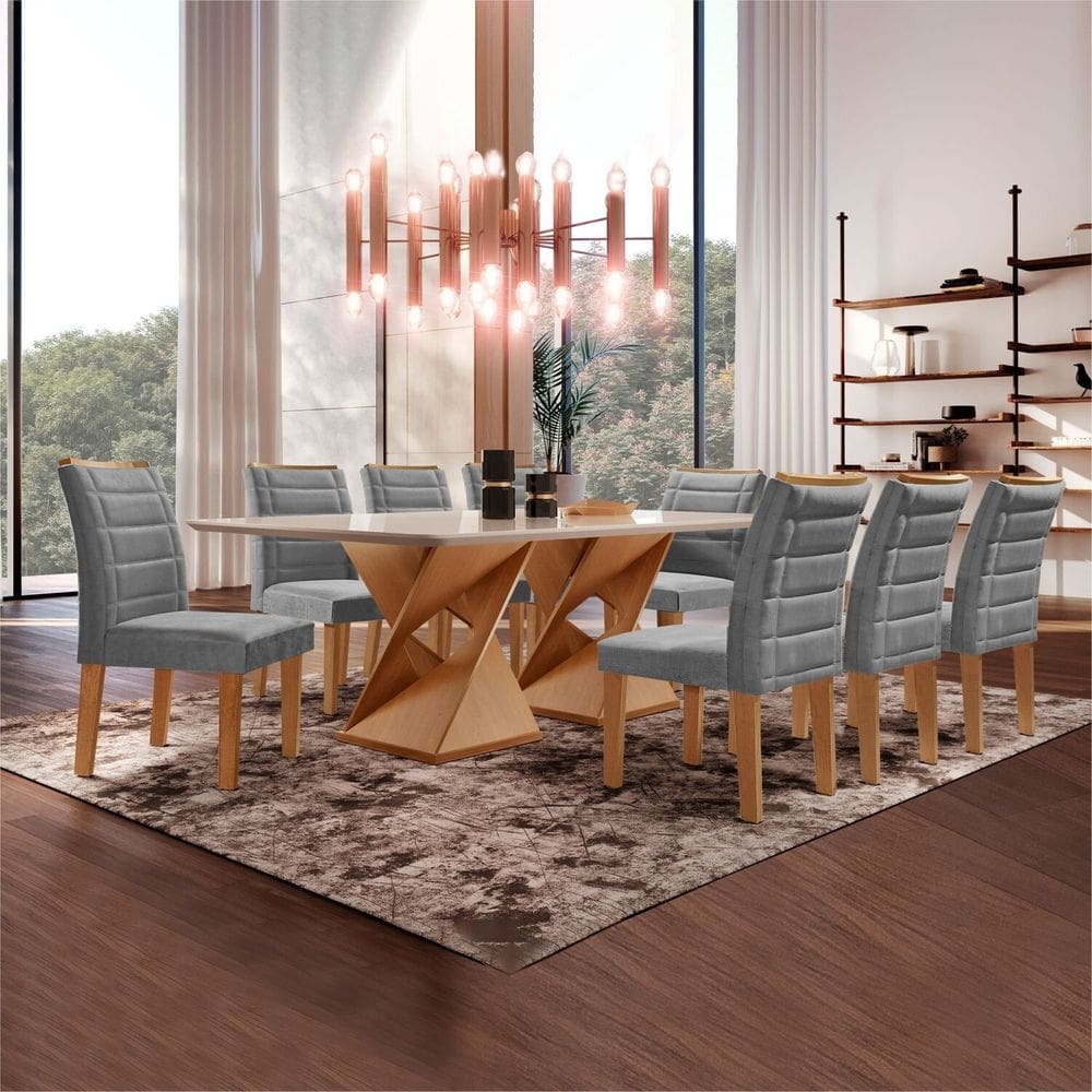 Conjunto Sala de Jantar Tampo 200x90cm Vidro/mdf Genova com 8 Cadeiras Smart Plus Cinza/Cinamomo/Off White