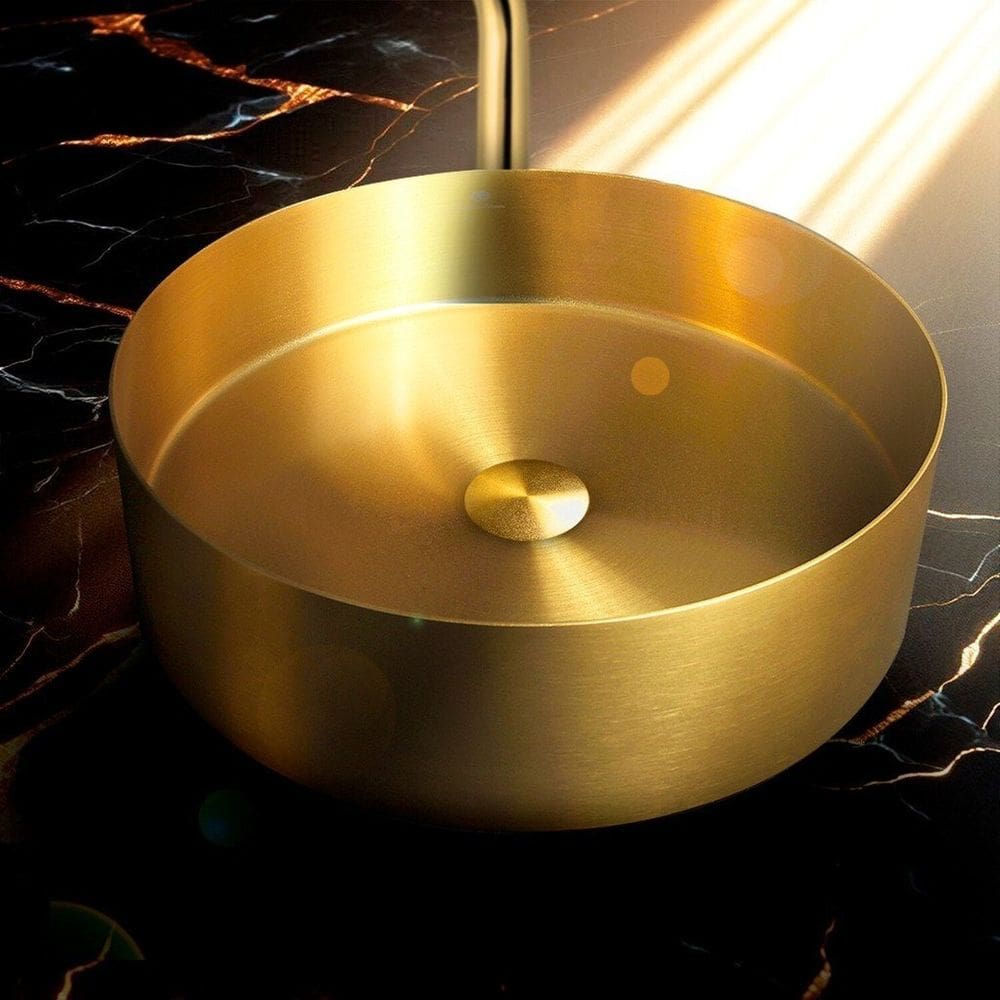 Cuba Inox Redonda para Banheiro Aço Inox 304 Ralo com Click Dourado