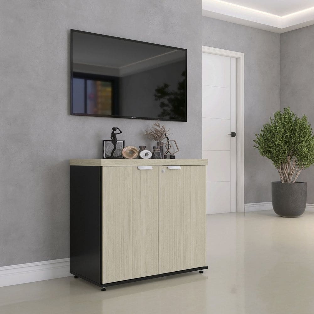 Armário Baixo para Escritório com 2 Portas Pivotantes Pe40 Preto/Castanheira Natural