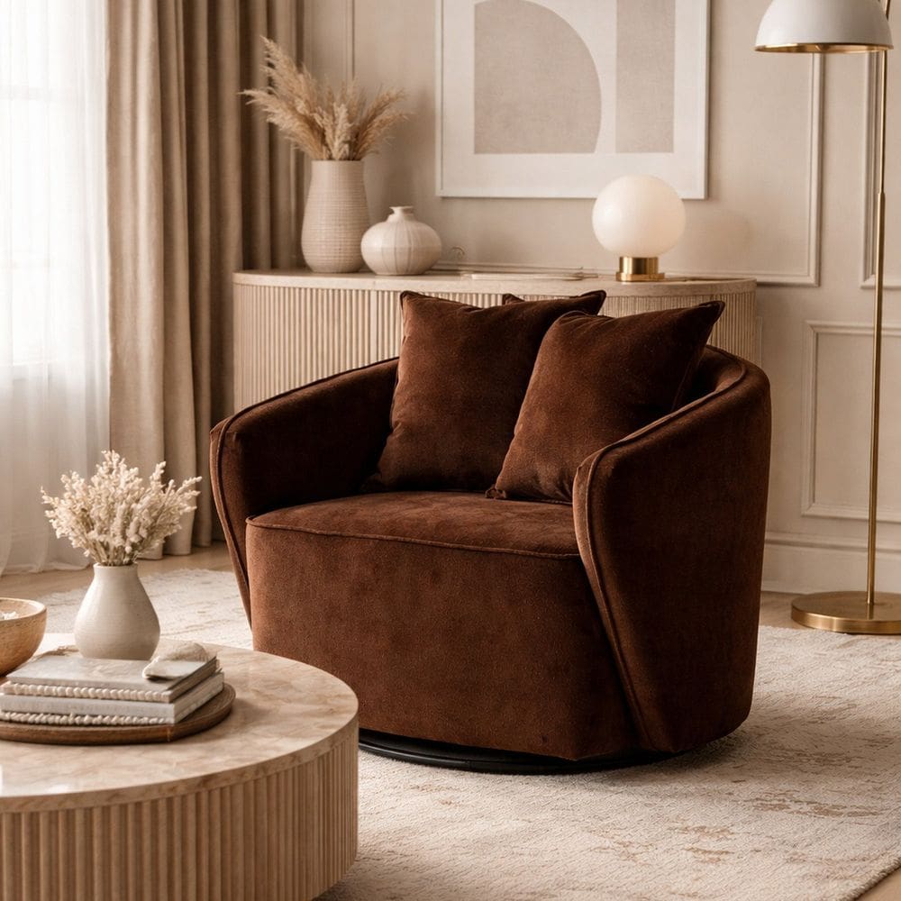 Poltrona para Sala de Estar Girátoria Veludo Antonela Marrom
