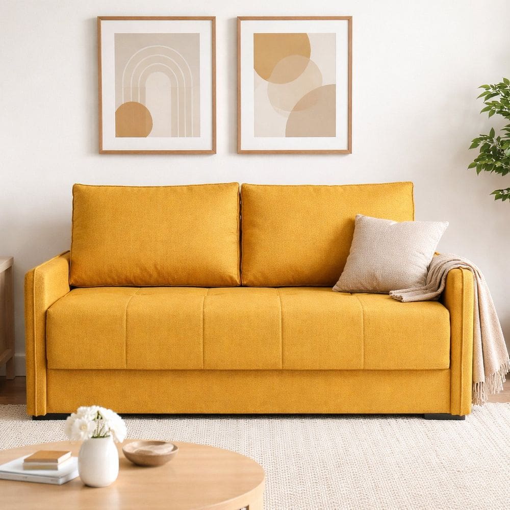Sofá-cama 154cm Retrátil Reclinável Linho Pés Madeira Isis Amarelo