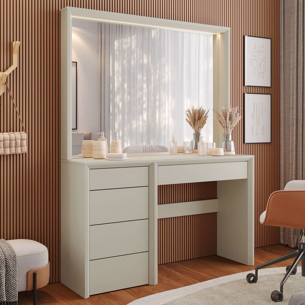 Penteadeira 5 Gavetas Prime 100% Mdf com Espelho Off White