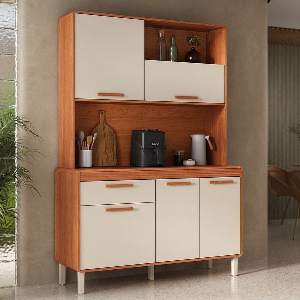 Cozinha Compacta 5 Portas 1 Gaveta 140cm com Nicho Dunas Itatiaia Cinamomo/Off White