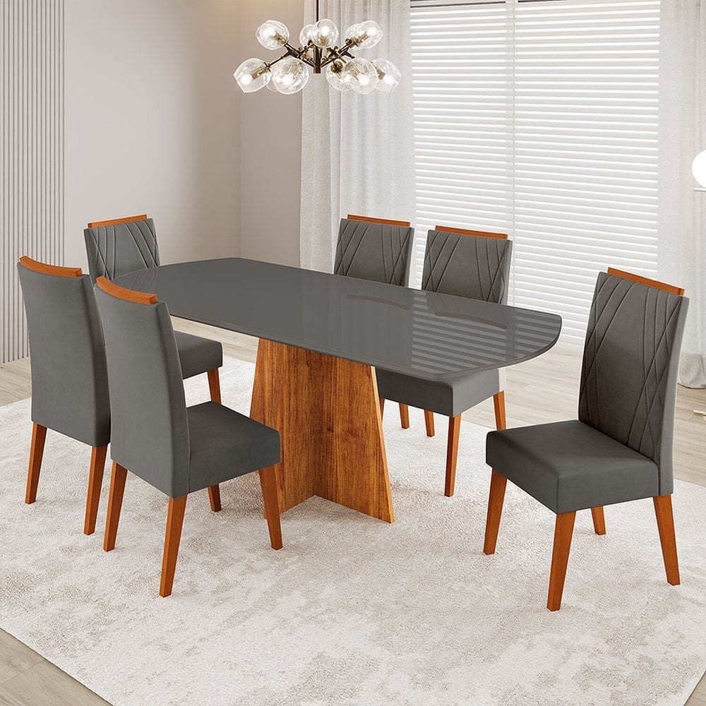 Conjunto Sala de Jantar 6 Lugares Tampo Barril de Vidro/mdf Selecto Mel/Grafite/Cinza