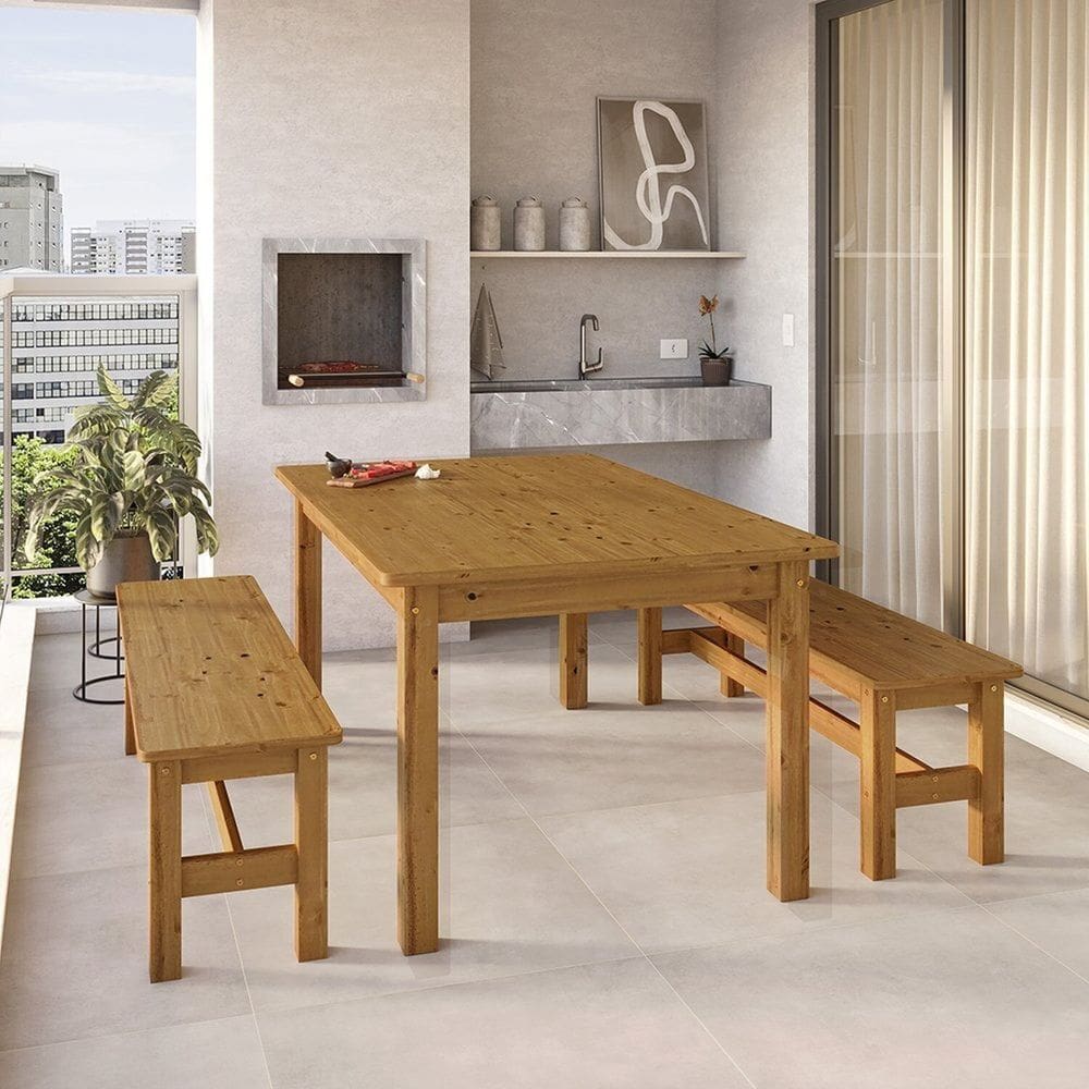 Conjunto Mesa 160cm e 2 Bancos Área Gourmet Madeira Maciça Ventimiglia Espresso Móveis Nogueira