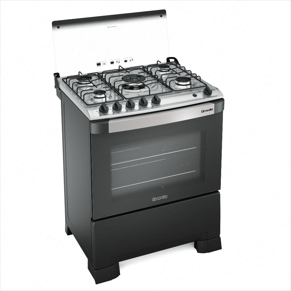 Fogão 5 bocas Mueller Decorato Gourmet  Preto Fosco com Timer e Tripla Chama-Bivolt