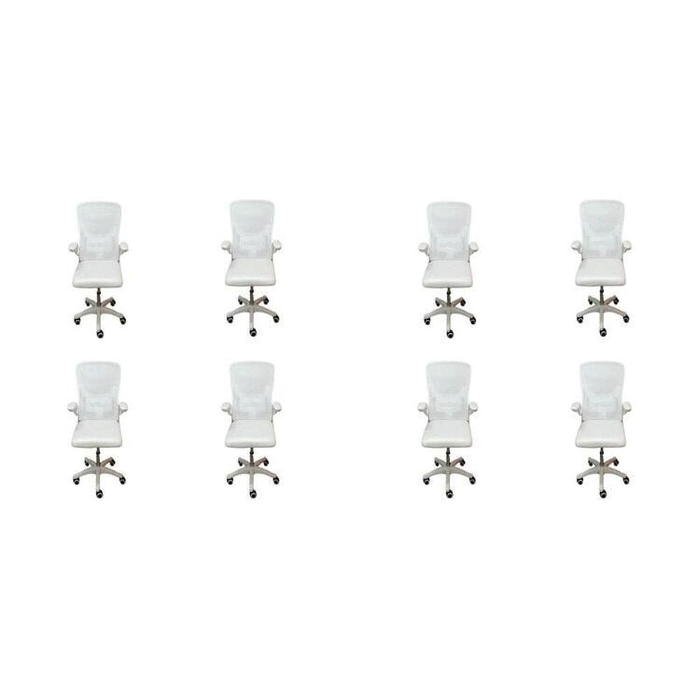 Kit com 8 Cadeiras Escritório Diretor Tela Mesh Braço Regulável Ajuste Lombar Bogotá Branco