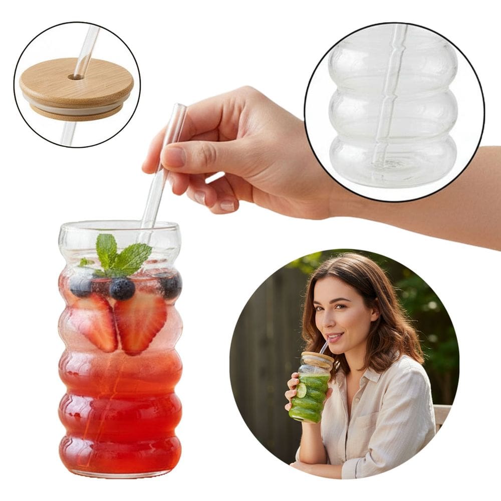 Copo De Vidro Forma de Onda com Tampa E Canudo Gomado 550ml
