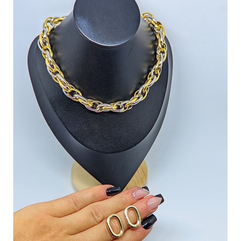 Kit Conjunto Choker e Brincos Corrente Grossa Dois Elos banhos Dourado e Prata Folheado Ouro Par de Brinco Atialérgico