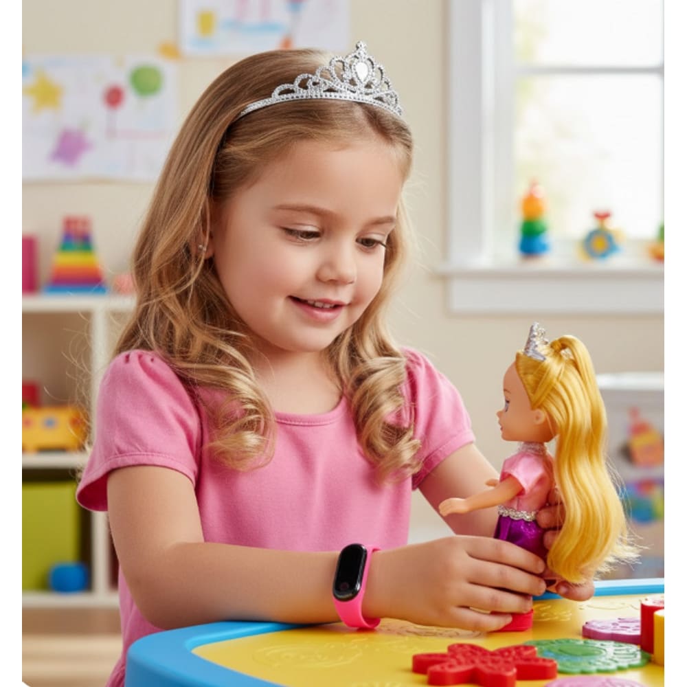 Kit Relógio Infantil Digital Led Feminino Hora Calendario + Mini Boneca Princesa Disney Articulada Acessórios Coroa