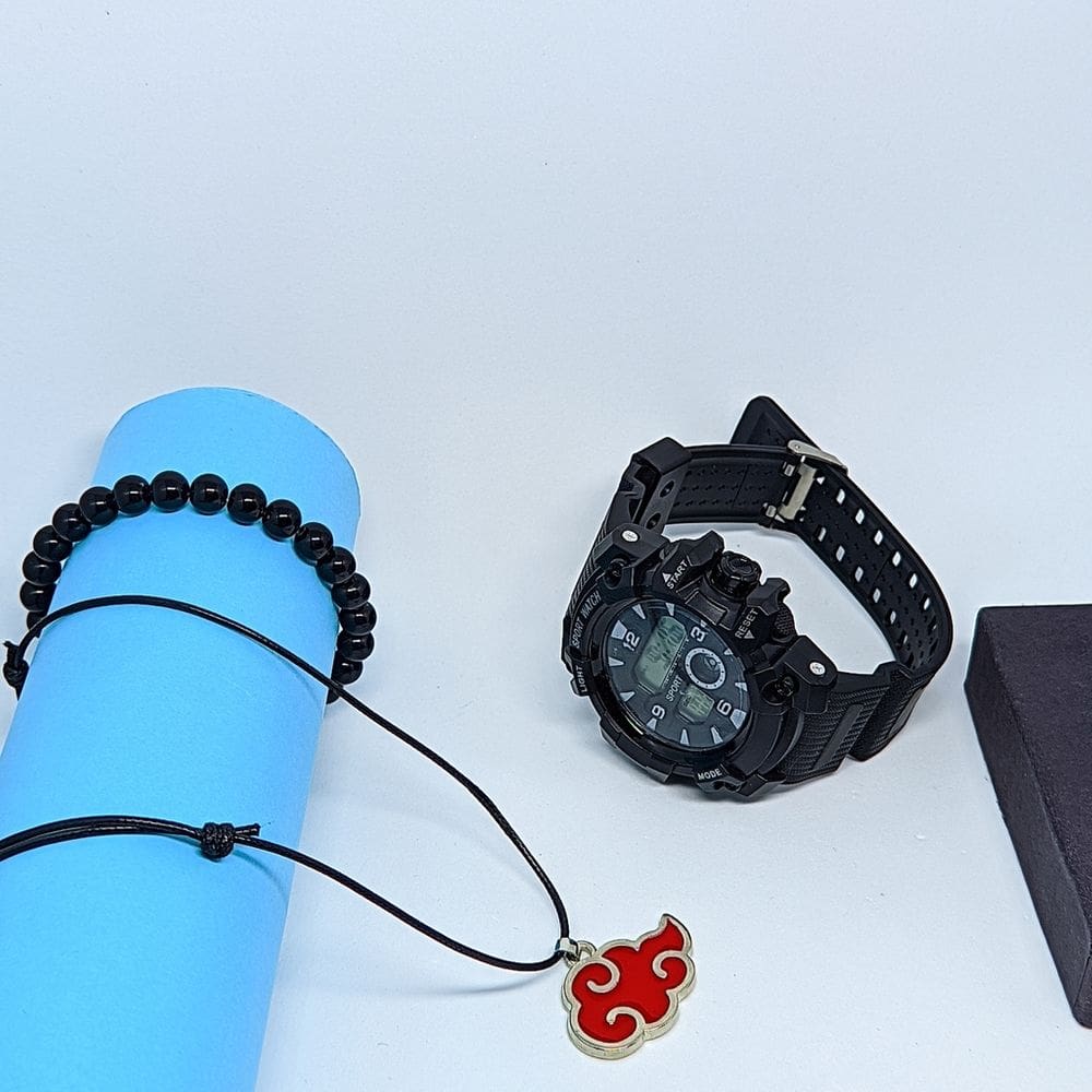 Kit Relógio Infantil Militar Esportivo Digital 12/24h Cronômetro Alarme LED + Conjunto Colar ajustável Naruto + Pulseira