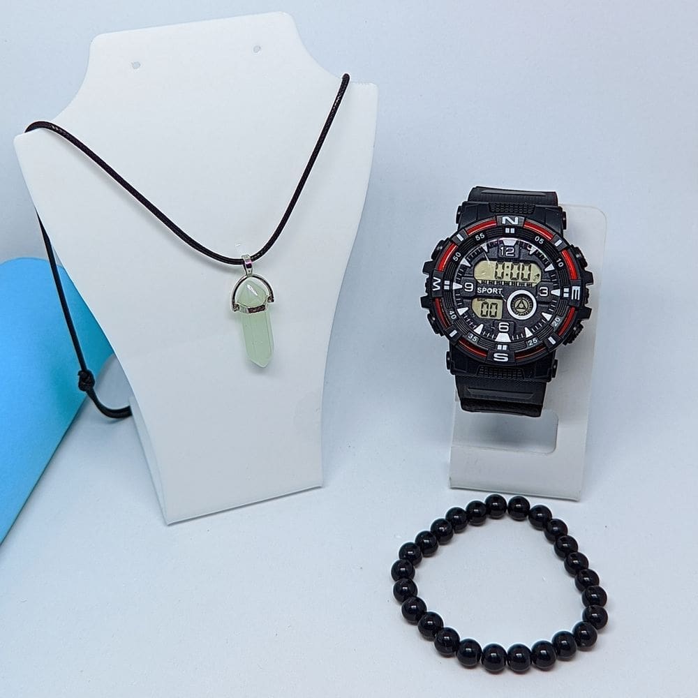 Kit Relógio Infantil Militar Digital LED Cronômetro Calendário Esportivo + Colar cordão Pedras pendulo + Pulseira