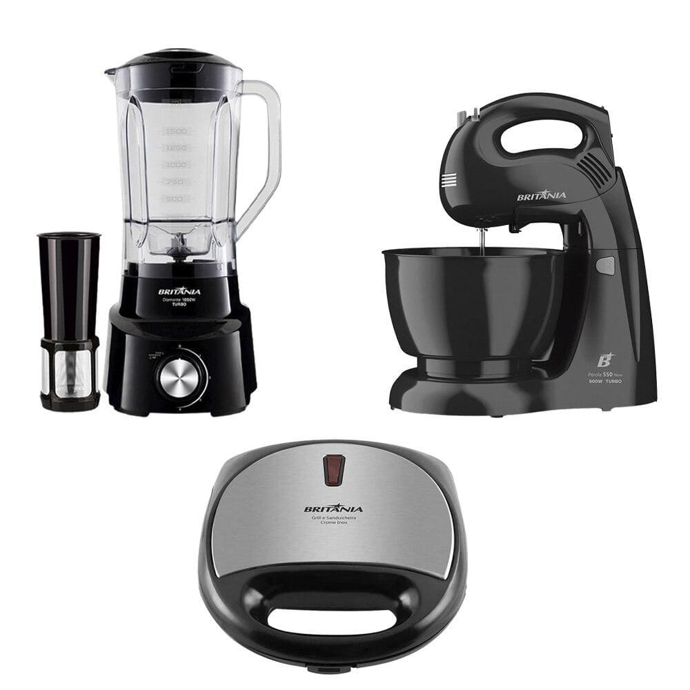 Batedeira Britânia Perola 550 Neve, Liquidificador Diamante 800 e Grill Crome, 220 Volts