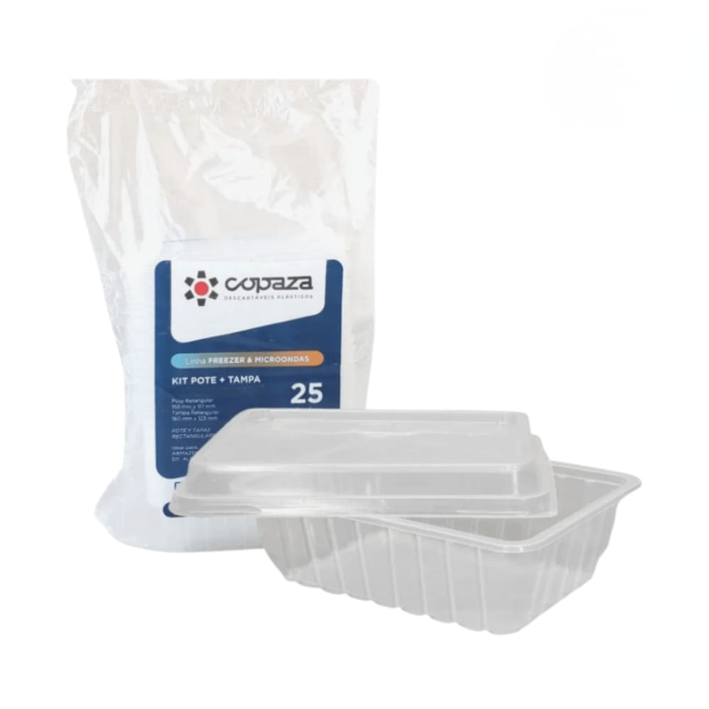 Pote Retangular Copaza 250ml com Sobretampa PP 25 Unidades