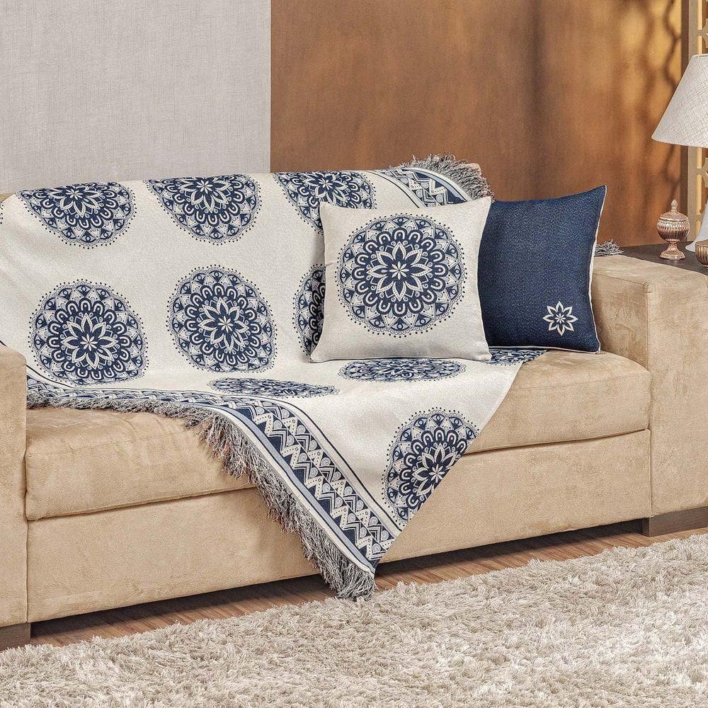 Xale Decorativo Turin Com Franja 1,60m X 1,40m Jacquard 1 Peça 58% Algodão 42% Poliéster - Mandala Marinho Compose