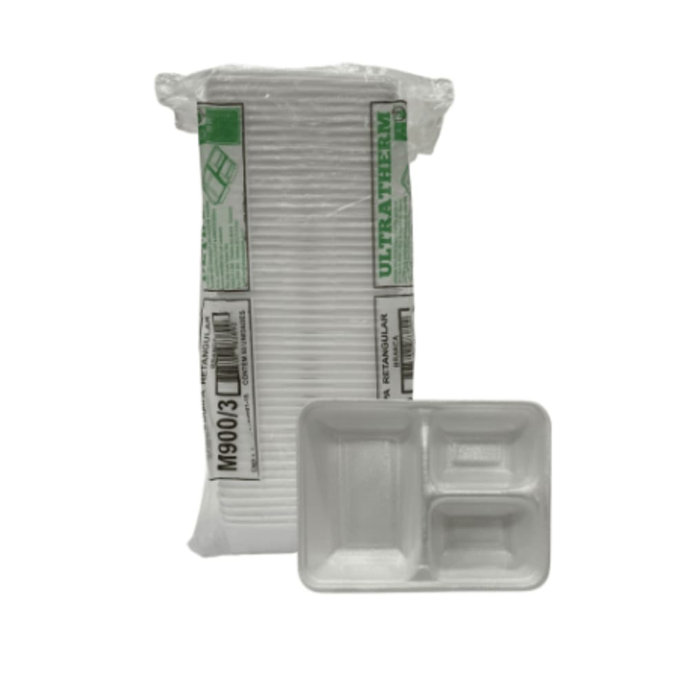Marmitex de Isopor 3 Divisórias 900ml Sem Tampa - Fardo com 300 Unidades (6x50)