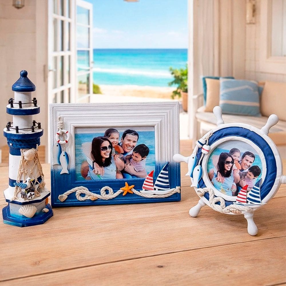 Farol Com Porta Retratos Náutico Marítimo Decoração Kit 3pçs