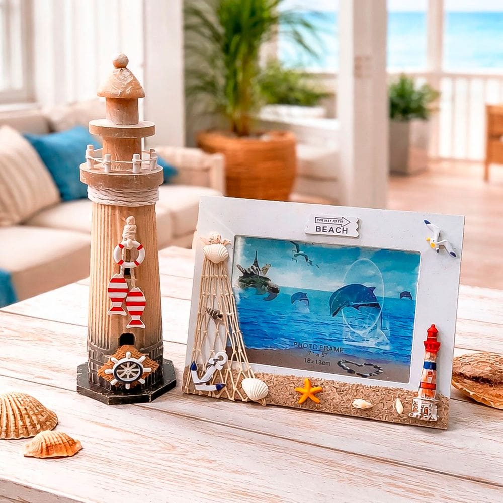 Farol E Porta Retrato Náutico Decoração Casa Praia Kit 2pçs