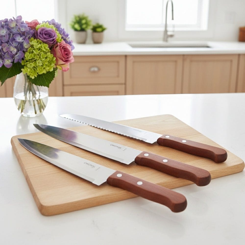 Kit 03 Facas Cabo de Madeira Aço Inox ** 01 Faca 28cm + 01 Faca 33cm + 01 Faca Pão ** Carne Frango Peixe legume - PANAMI