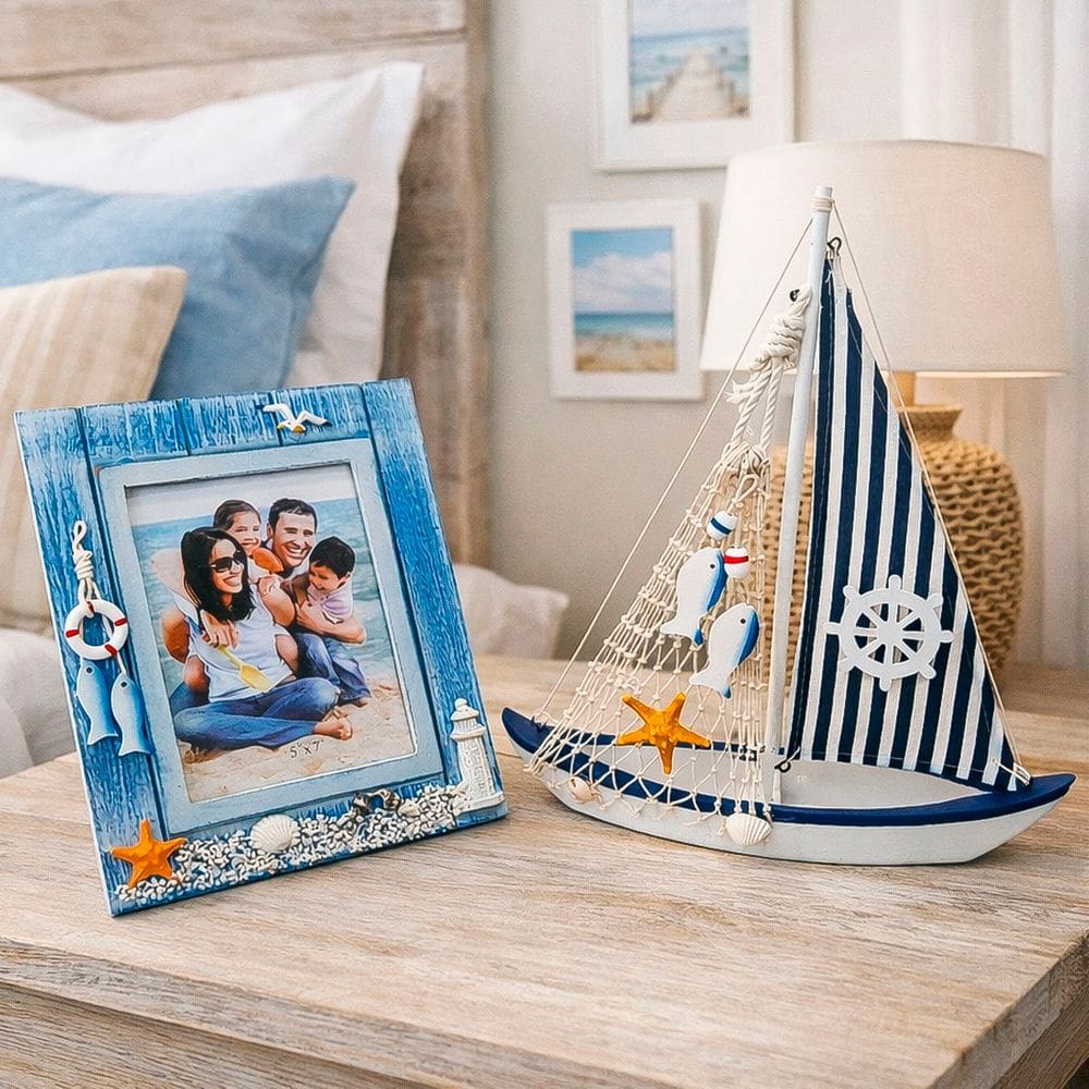 Barco E Porta Retrato Decoração Casa Praia Náutico Kit 2pçs