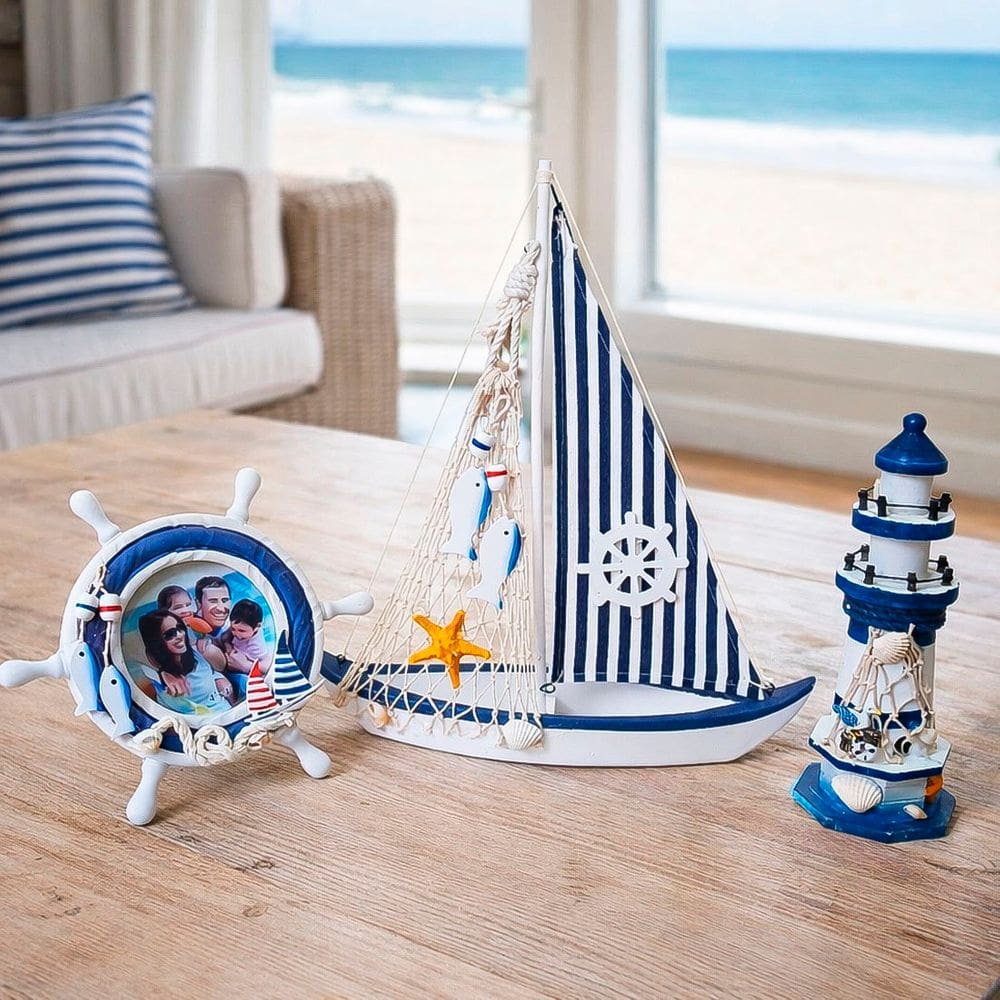 Porta Retrato Com Farol Barco Decoração Náutica Mar Kit 3pçs