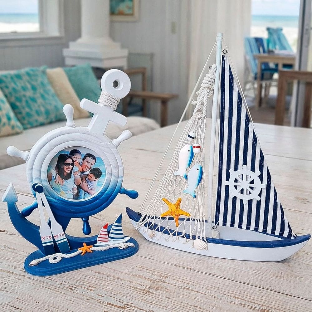 Porta Retrato E Barco Náutico Decoração Casa Praia Kit 2pçs