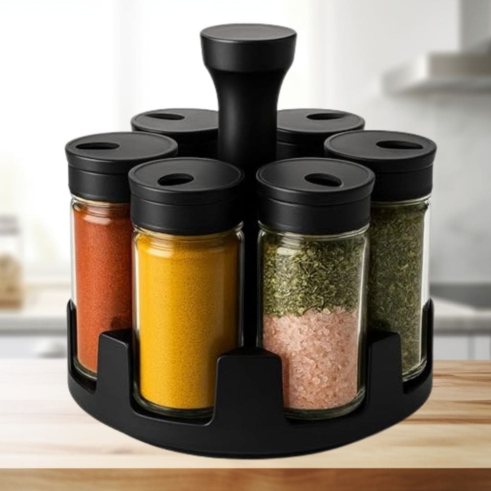 Porta Temperos Giratório 360° com 6 Potes de Vidro Premium de Vidro 85ml - Tampa Dosadora Preta  Belovidro - PANAMI