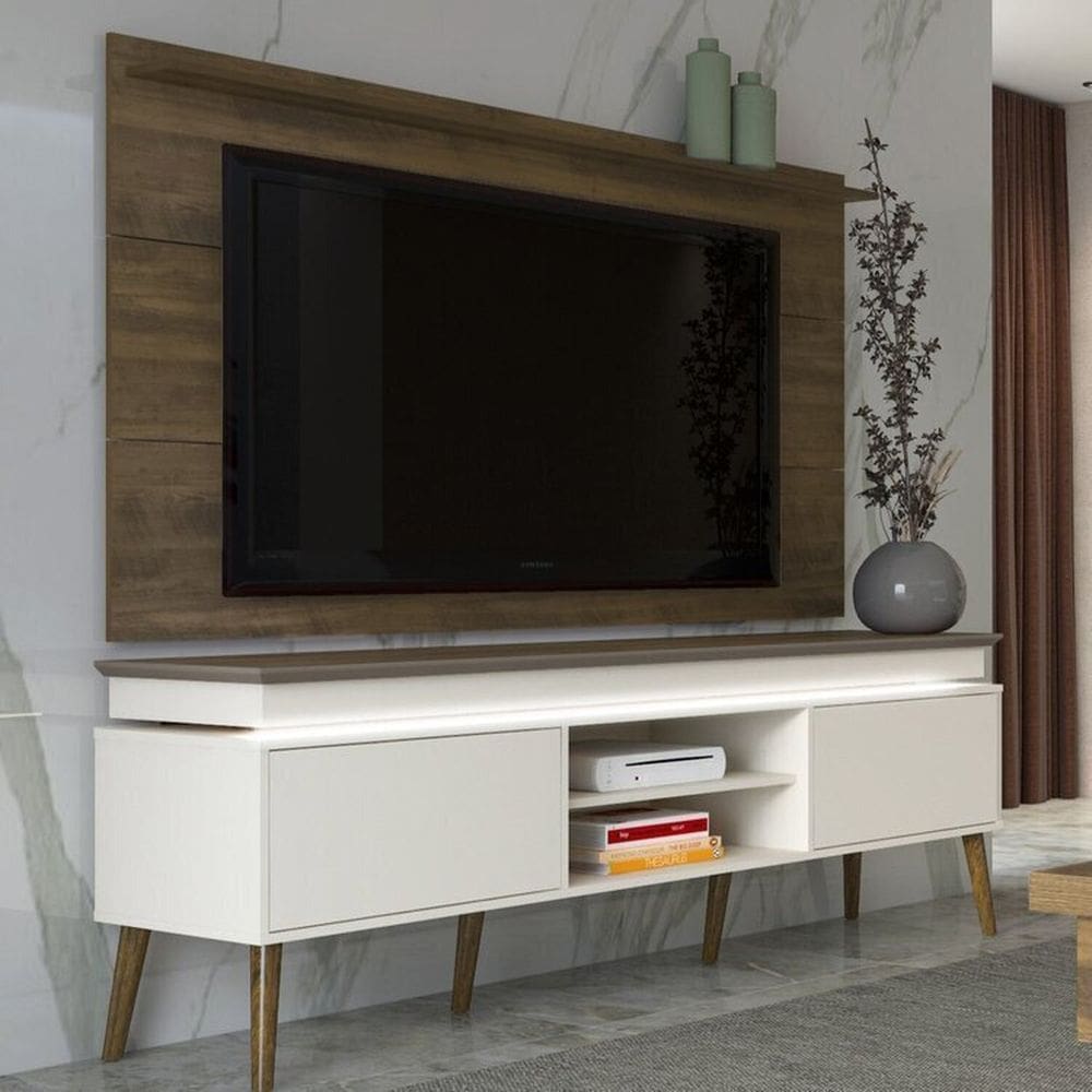 Conjunto 2 Peças Painel Slim e Rack Fita Led Embaixo do Tampo Lumina Pinho/Off White